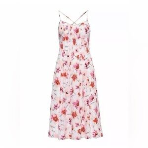 Banana Republic Pintuck White Pink Floral Spaghetti Straps Cross Midi Dress Sz 0